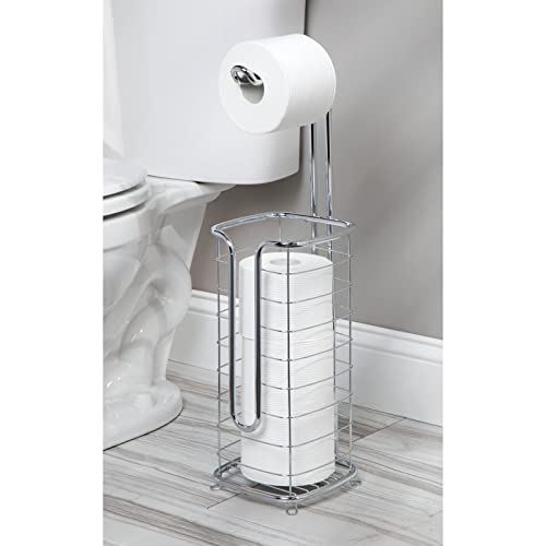 Mdesign Steel Metal Free Standing Toilet Paper Holder With Storage For Bathroom, Floor Stand Holder 3 Toilet Tissue Roll Dispenser For Master Or Guest Bath, Powder Room, Omni Ultra Collection, Chrome #TOP2