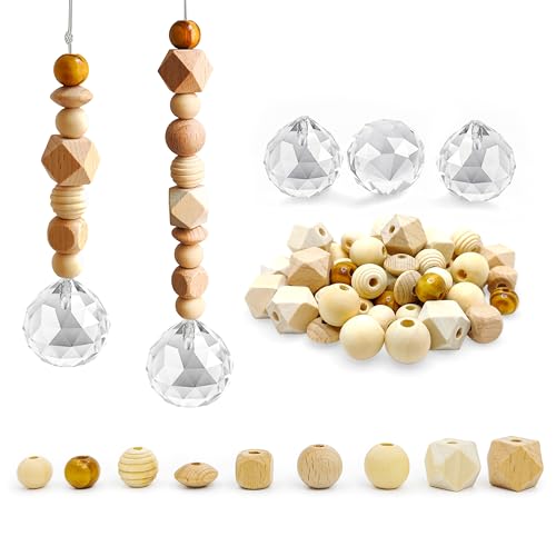 Dumeher DIY Sonnenfänger Basteln 5er Set aus 30mm Kristall Suncatcher & verschiedenen Holzperlen zum Selberbasteln als Fensterdeko für Haus Fenster und Garten