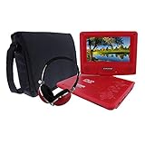 KORAMZI 7 inch Portable DVD Player with Rechargeable Battery, SD Card Slot and USB Port Swivel and Fold Portable DVD/CD/MP3 Player with Matching Color Headphones AC/DC Adapter (Red)- PDVD777