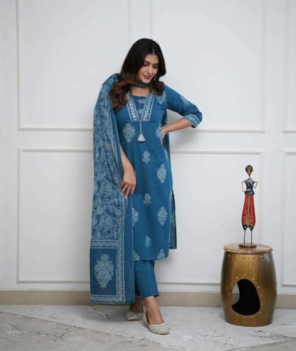 Image of DR DIGITAL Women's Cotton Printed Straight Kurti with pant and Dupatta Set