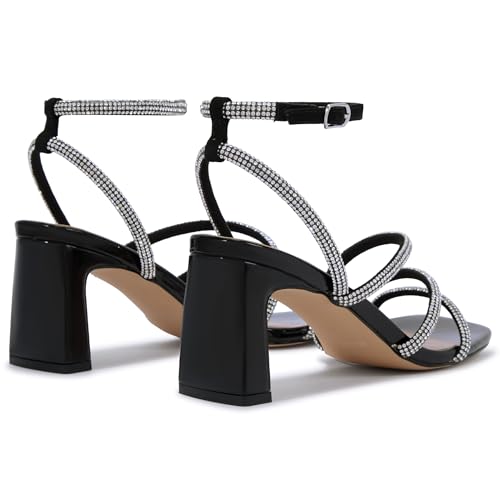 Image of CosyFever Women's Rhinestone Block Heels, Square Toe Strappy Dress Heels with Ankle Strap, Sparkly Heels for Wedding Guest, Prom, Party