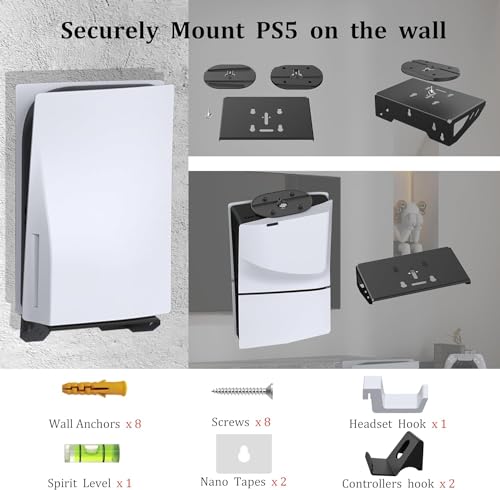 Image of New World Wall Mount Stand For PS5 Regular /PS5 Slim Bracket , Wall stand for PS5 Slim /PS5 Normal (Disc and Digital Edition), with 2 Controller holder and 1 Headphone holder (PS5 Accessories)