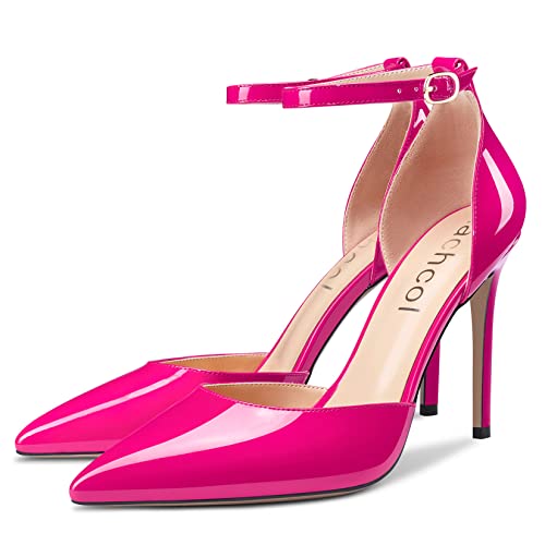 Aachcol Women Stiletto High Heel Pumps Ankle Strap Two-Piece Pointed Toe Dress Shoes Office Party Wedding Patent 4 Inch4