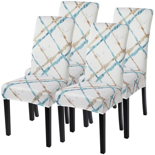 Image of SearchI Printed Dining Room Chair Covers Set of 4, Stretch Kitchen Chair Covers Washable Parsons Chair Slipcover Removable Dining Chair Protectors for Hotel,Ceremony(Geometric Stripe)