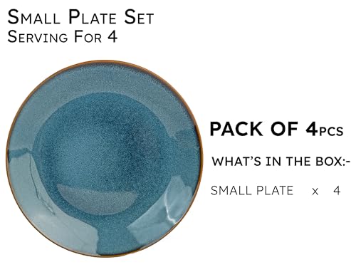 Image of Reactive Handpainted Premium Ceramic 4 Small Plates | Quarter Plates | Stoneware | Microwave and Dishwasher Safe | Pack of 4 | Greenish Blue