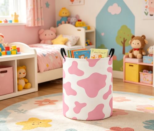 Image of Baby Laundry Basket Baby Nursery Hamper Kids Laundry Basket Toy Storage Bin for Boys Room Decor Gift Baskets for Bedroom Bathroom(Pink Cow)