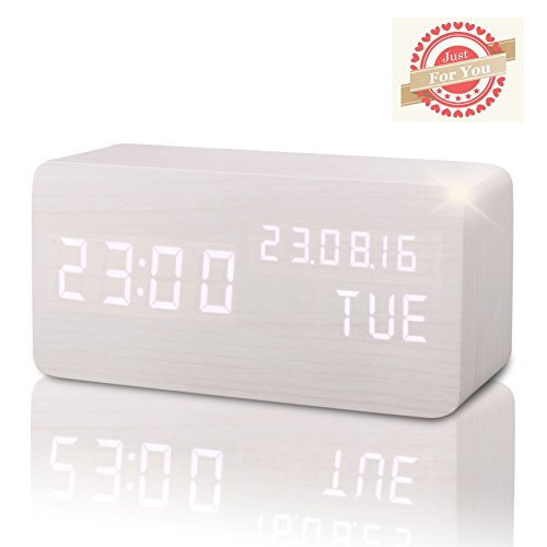 Leeron - Despertador LED de madera artificial, con reloj digital, activación de sonido, indicador de temperatura, humedad, calendario, batería, toma USB