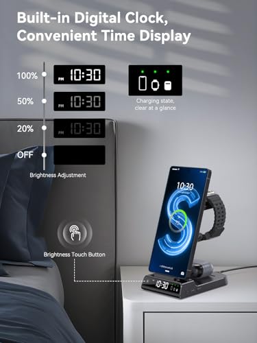 Caricatore wireless per Samsung Galaxy S25 Ultra, Wireless Charger per Samsung con orologio digitale per Samsung Galaxy Watch 7/Ultra/6/5, Caricabatterie a Induzione per Galaxy S24 Ultra, Flip 4,Buds - 5