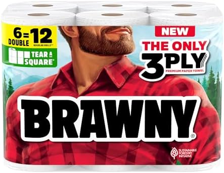 Brawny Tear-A-Square 3-Ply Paper Towels, 6 Double Rolls = 12 Regu...