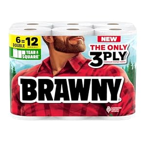 Brawny Tear-A-Square 3-Ply Paper Towels, 6 Double Rolls = 12 Regular Rolls (3 Packs of 2)