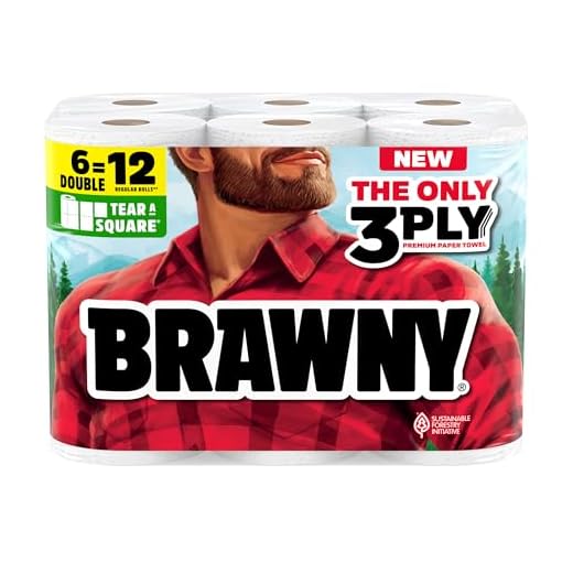 Brawny Tear-A-Square 3-Ply Paper Towels, 6 Double Rolls = 12 Regular Rolls, Strong, Absorbent, and Durable with 3 Sheet Sizes (Quarter, Half, Full)