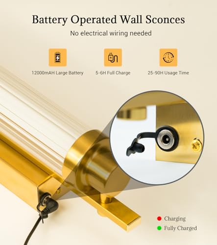 Image of Set of 2 Gold 12000mAh LED Crystal Wireless Battery Wall Sconces | 12000mAh long battery, remote dimmable timer, renter no hardwire crystal light for vanity bathroom living room hallway