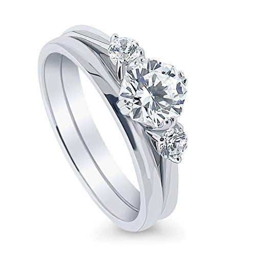 BERRICLE Rhodium Plated Sterling Silver 3-Stone Anniversary Engagement Wedding Ring Set Made with Swarovski Zirconia Octagon Sun Cut 1.5 CTW Size 7.5