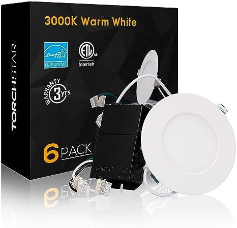 TORCHSTAR Premium Series 4 Inch Ultra-Thin LED Recessed Light with Junction Box, 10.5W Dimmable LED Recessed Ceiling Lights Slim, ETL & ES Listed, CRI90, 3000K Warm White, White, Pack of 6