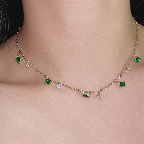 TseenYi Collar de piedras preciosas esmeralda, collar de cristal verde vintage, gema verde, gargantilla colgante de esmeralda lagrimal, joyería minimalista para mujeres y niñas