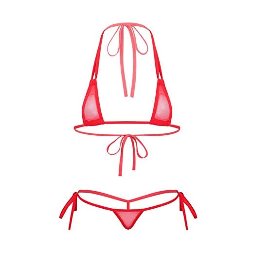 Alvivi Microkini Femme Sexy Bikini Transparent Bra Halter & String Ficelle Trois Points Tankini Maillot de Bain 2 Pièces Crochet à la Main Monokini Ensemble Lingerie Rouge Taille Unique