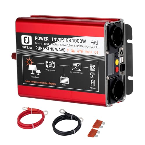 CNCEJIA Inversor de corriente de 1000 W, 12 V a 230 V, con 2 puertos USB, 2 enchufes LCD, para coche, autocaravana, camping (rojo)