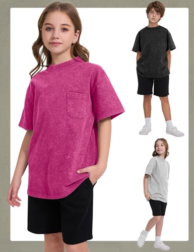 Image of COZYPOIN Unisex Kids Vintage Acid Wash Cotton Tees Crew Neck 3-16Y | 100% Cotton Boys Oversized T Shirt, Crew Neck, Short Sleeve, Front Pocket, Vintage Acid Washed Kids Tees for Boys Girls