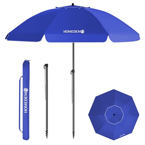 HOMEDEMO Parasol Plage Inclinable avec Revêtement Argenté, Protection Solaire UV50+, avec Pied d'ancrage à Visser et Housse de Protection, pour Piscine, Marché, 200cm, Bleu