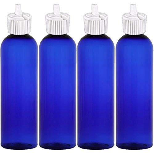 MoYo Natural Labs 4 oz Squirt Bottles, Squeezable Empty Travel Containers, BPA Free PET Plastic for Essential Oils and Liquids, Toggle Toiletry/Cosmetic Bottles (Neck 24-410) (Pack of 4, Blue)