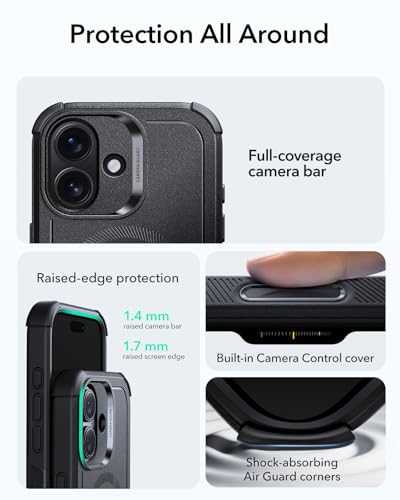 Image of ESR for iPhone 17 Phone Case, 23ft Military-Grade Drop Protection, Shock-Absorbing Rugged Cover, MagSafe Accessories Compatible, Cyber Series, Black