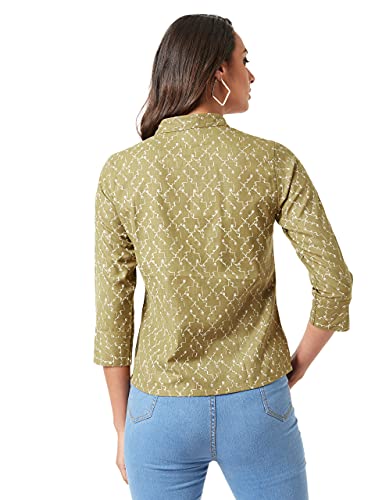 Image of Miss Chase Women's Multicolored-Base Olive Green Collared 3 /4 Sleeves Printed Basic Regular Length Shirt
