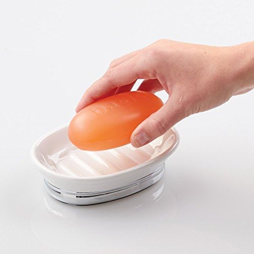 iDesign Soap Dish Holder, Oval Shaped Made of Ceramic and Metal, Practical Soap Storage for Bathroom Kitchen Sink, White/Chrome, Standard