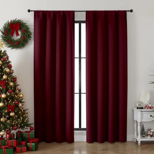 Image of Simplebrand Ava Burgundy Blackout Curtains for Bedroom 84 Inch Length 2 Panels Set, Solid Thermal Insulated Privacy Nursery Window Treatment Curtains Blackout Drapes, W40 x L84 Inch, Burgundy