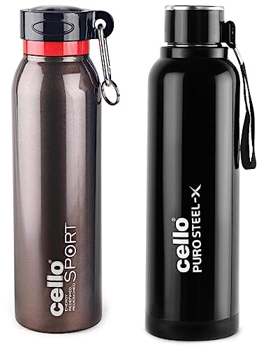 Image of Cello Beatle Hot and Cold Double Walled Water Bottle, 550ml, Brown & Cello Puro Steel-X Benz Water Bottle with Inner Steel and Outer Plastic, 900 ml, Black