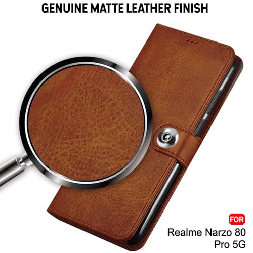 Image of TheGiftKart Flip Cover Back Case for Realme Narzo 80 Pro 5G | Genuine Leather Finish | Designer Button | Inbuilt Pockets & Stand | Wallet Style Flip Back Cover for Narzo 80 Pro (Faux Leather, Brown)