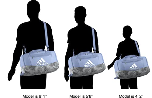 Image of adidas Unisex Defender 4 Small Duffel Bag, Blue Dawn /Stone Wash Grey /Silver Metallic, One Size