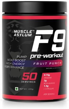 Muscle Asylum F9 Pre-Workout - 50 Servings, 400gm (Fruit Punch) | Boosts Energy & Endurance | Improves Focus