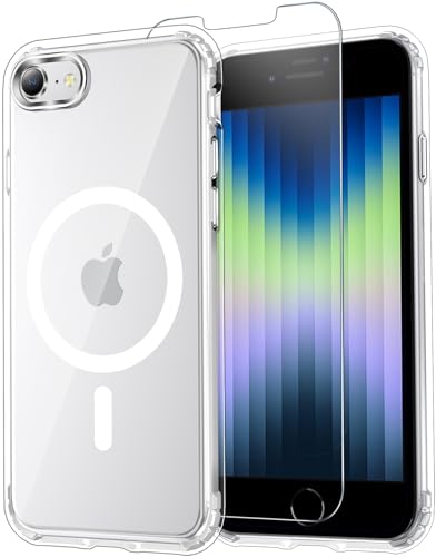 Temdan for iPhone SE Case 2022/2020/3rd/2rd Clear with Screen Protector, Compatible with Magsafe, Anti-Yellowing, Military-Grade Protection, Shockproof Slim Magnetic Phone Case Cover, Transparent