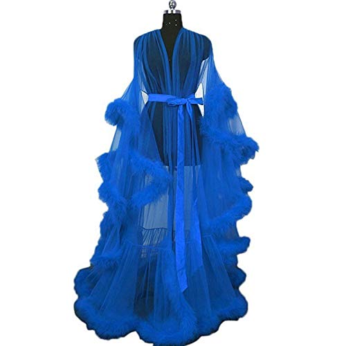 BBOOY Robe de Plumes Sexy Transparente pour Femmes, vêtements de Nuit en Dentelle Transparente en Maille Tulle Lingerie de Nuit, Robe Chambre Kimono à Manches Longues avec Bordure à Volants,Bleu Cover