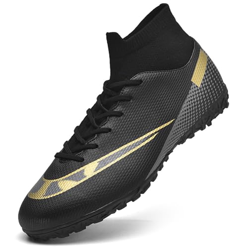 ASOCO DREAM Zapatillas de Fútbol Hombre Calzado de Fútbol Aire Libre Profesionales Atletismo Entrenamiento Botas de Fútbol Zapatos de Deporte,Negro Dorado,43 EU