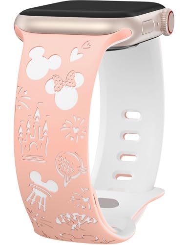 [Girovo]コンパチブル Apple Watch/アップルウォッチバンド, あっぷるうぉっちバイカラーデザインキャラクターバンド,可愛い おしゃれ シリコン 萌え 女性 レディース 人気 通気 女性 レディース交換ベルトfor iWacth Series11 10 9 8 7 6 5 4 3 SE/Ultra 3 2 1 38/40/41/42mm-ピンク+ホワイト