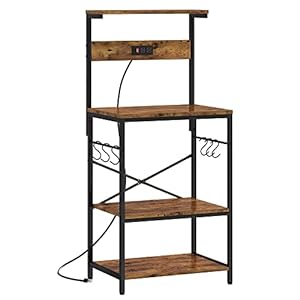 SUPERJARE Kitchen Bakers Rack with Power Outlet, Coffee Bar Table 4 Tiers, Kitchen Microwave Stand with 6 S-shaped Hooks, Kitchen Storage Shelf Rack for Spices, Pots and Pans – Rustic Brown