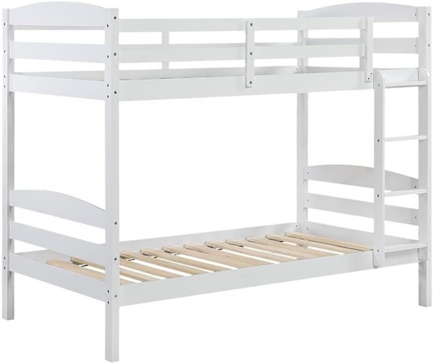 Pemberly Row Twin Over Twin Bunk Bed, Wire Brushed White Finish, Asian Hardwood and Engineered Wood, Space-Saving Design with Guard Rails and Ladder, No Box Spring Needed, Compact Bedroom Furniture