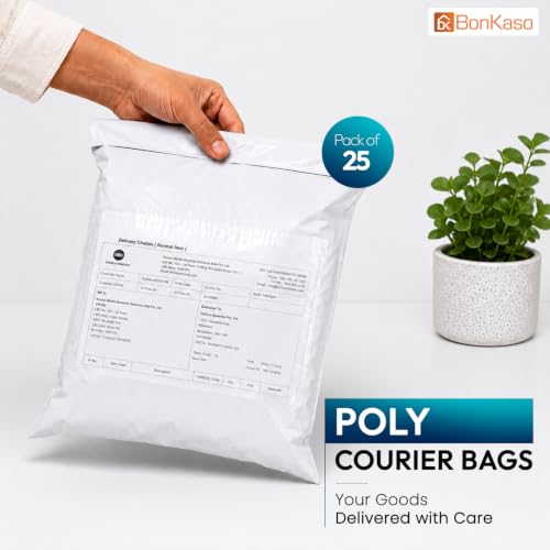 Image of BonKaso 14x18 Inch Poly Courier Bags with POD | 55 Micron Tamper-Proof Self-Seal Plastic Packaging Envelopes for Shipping & Delivery - Waterproof & Tear-Resistant - Pack of 25
