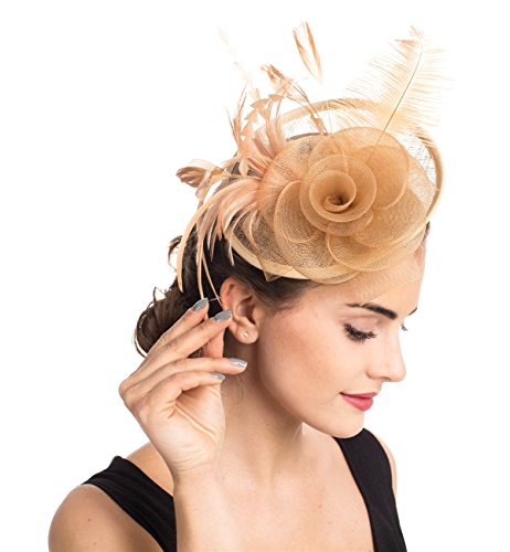 SAFERIN Fascinator for Women Hair Clip Hat Bowler Feather Flower Veil Wedding Party Hat (TA4-Sinamay Khaki)