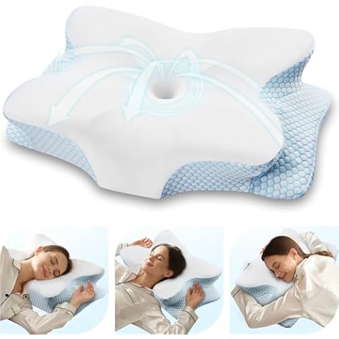 Avocahom Cervical Neck Pillow for Neck and Shoulder Pain Relief，Ergonomic Memory Foam Pillow for Side Back Stomach Sleepers,Blue Cover