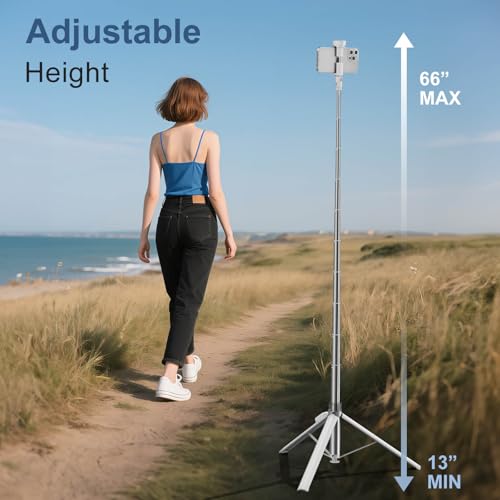 Image of 66 inch Automatic Phone Tripod Stand with Remote, Cell Phone Tripod for iPhone Video Recording & Live Streaming, Adjustable Selfie Stick Tripod for Content Creators, Vloggers,White