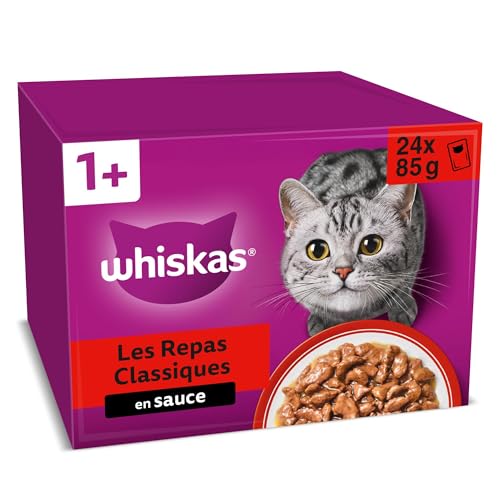 WHISKAS Aliment humide en sauce Chat adulte 24x85g Les Repas Classiques (Lot de 2) 48 Sachets