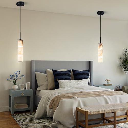 Image of LMQNINE Natural Alabaster Pendant Lights for Kitchen Island White Marble Long Tube Chandelier 4000K Black Modern Ceiling Light Fixtures for Living Room Bedroom Dining Room Table Hallway(S-2Pack)