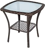 BABYLON Indoor Outdoor Coffee Table, All-Weather Wicker Tempered Glass Top Side Table, Indoor Outdoo