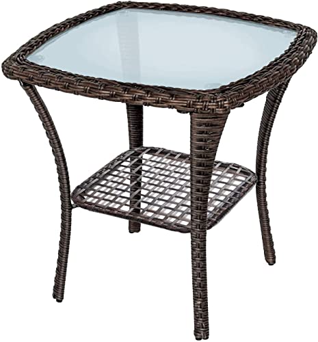 Babylon Indoor Outdoor Coffee Table, All-Weather Wicker Tempered Glass Top Side Table, Indoor Outdoor Aluminum Patio End Table With Storage Space, 20''X 20''X20'' #TOP8