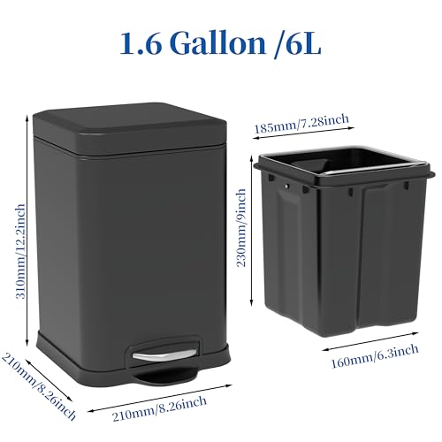 Image of Ruacq Small Bathroom Trash Can with Lid Soft Close,Step Pedal, 1.6 Gallon /6 Liter Bathroom Garbage can with Removable Inner Bucket,Stainless Steel Trash Bin,Anti-Fingerprint Finish (Matt Black)