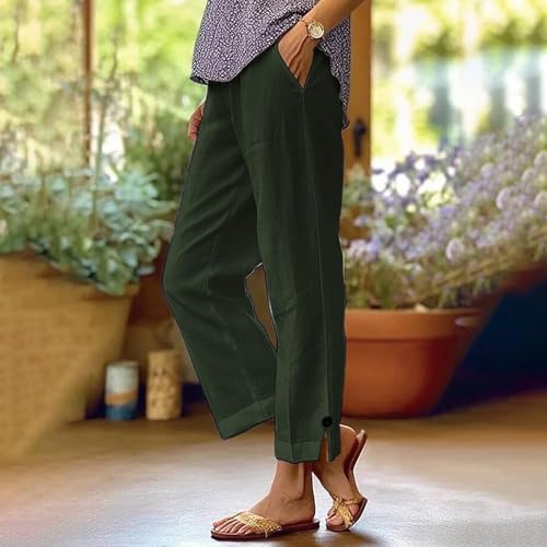 Image of Linen Pants Women 2026 Summer Beach Vacation Trousers Elastic Waist Linen Capris Pants Boho Casual Travel Pant
