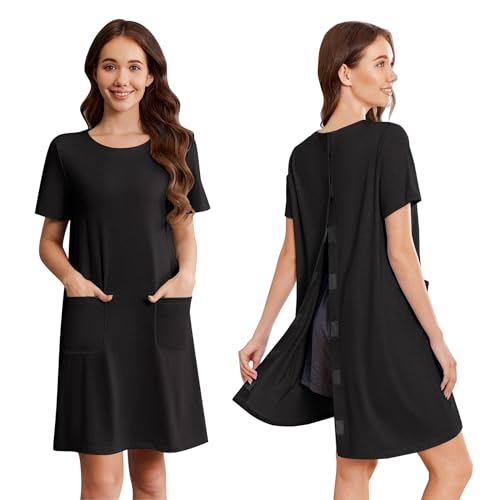 Image of Deyeek Open Back Hospital Gowns for Women Tear Away Short Sleeve Post Surgery Soft Nightgowns for Elderly Women with Pocket