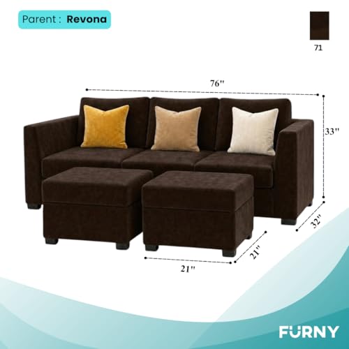 Image of FURNY Revona 5 Seater L Shape Sofa Set with 2 Movable Ottoman | Flexible Left or Right Layout | Plush Velvet Fabric (Dark Brown) | Perfect for Living Room, Guest Room & Office